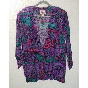Que Sera Colorful Retro Jacket Women's Purple Abstract Button Front Blazer Sz L